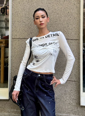 uhot/诱货白色不对称扭结上衣蕾丝短款T恤慵懒秋冬新款UWWA2N675M