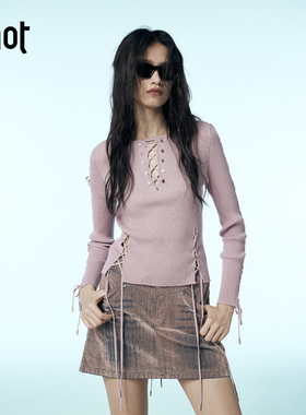 uhot/诱货粉色重工交叉绑带撞金属装饰针织衫女甜美百搭UWWA2Z085