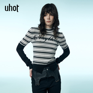 uhot/诱货黑白假两件条纹长袖羊毛衫修身短款廓形25新款UWWW2Z441