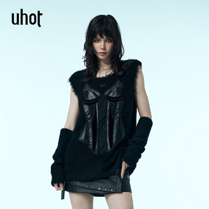 uhot/诱货黑色绣花重工带袖套针织毛绒绒马甲拼接假两件UWWA2Z390