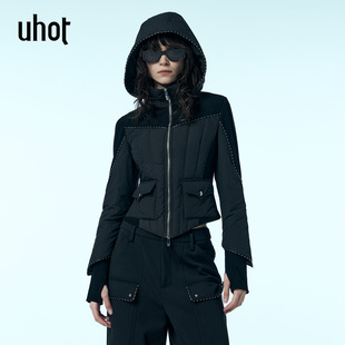 廓形轻盈保暖25新款 鹅绒上衣短款 UWWW2W440 诱货黑色连帽修身 uhot