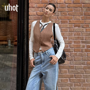 uhot UWWW1N694M 诱货白咖色假两件拼接马甲上衣淡人秋冬叠穿新款