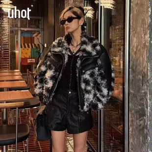 uhot UWWW2W731M 诱货黑白花色仿毛环保皮草外套轻盈毛绒保暖耐磨
