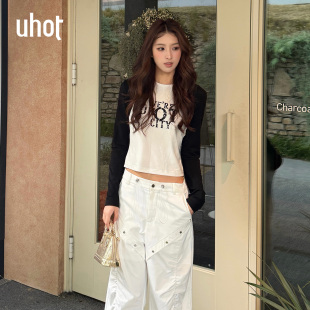 辣妹风UWLS2T636M t恤女甜酷烫银美式 uhot 诱货26春白黑撞色插肩袖