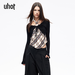配：内搭UWLS3N129 新款 uhot 诱货26春黑杏撞色英伦格纹叠穿针织衫