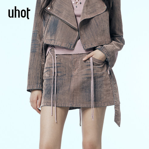 复古蓝牛仔A字半裙女立体剪裁