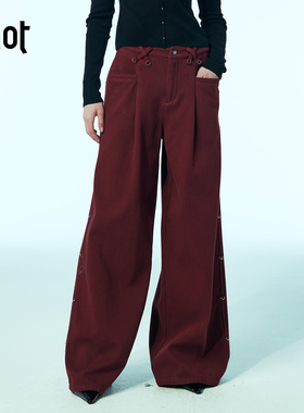 uhot/诱货红色高腰阔腿加绒牛仔裤精致金属扣装饰25新款UWWW6K261