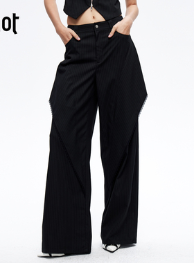 uhot/诱货26春黑色条纹多层次阔腿裤蕾丝风休闲裤女新款UWLS1K452