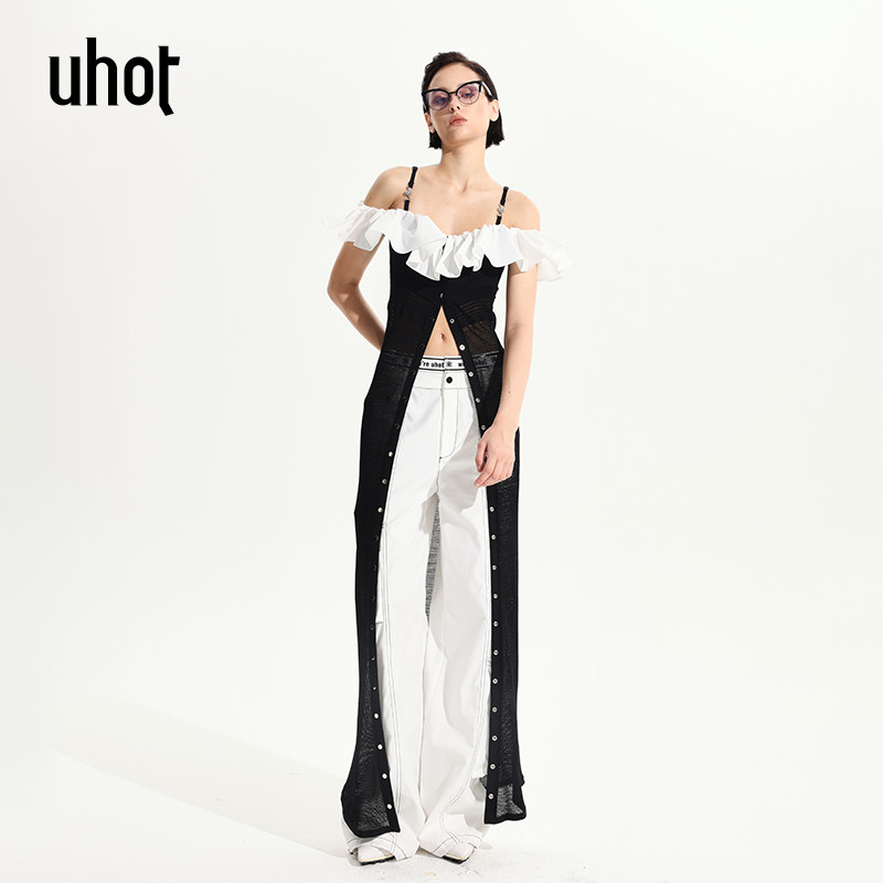 uhot/诱货黑白色吊带齐肩荷叶边长款简约针织连衣裙女装UWWR2N126