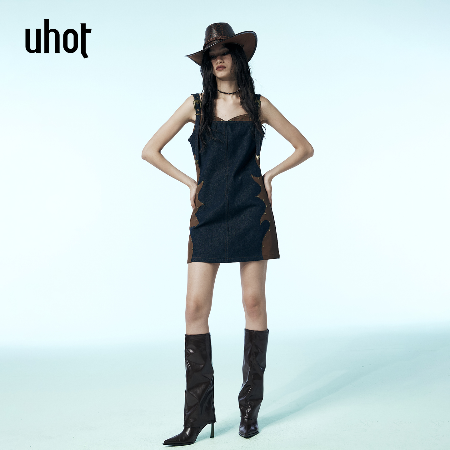 摇滚牛仔拼接新款复古撞色蓝咖