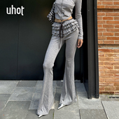 木耳边设计宽松甜辣垂坠感 uhot 诱货灰黑色花边喇叭裤 UWWA1K626M