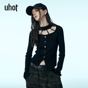 羊毛高级保暖25新款 uhot 镂空针织开衫 黑色修身 UWWW3Z174 诱货绿
