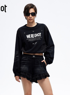uhot/诱货26春黑色字母印花水洗卫衣女猫须纹理街头随性酷帅1N339