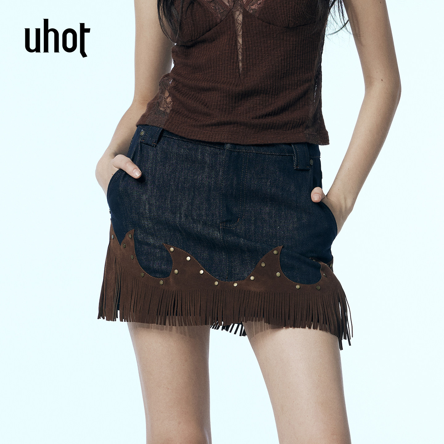 uhot/诱货蓝咖撞色A字牛仔流苏半裙女经典西部图腾元素 UWWA2Q028