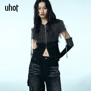 uhot 女双头拉链设计显瘦UWWA1Z113 诱货黑灰渐变可拆卸袖 套针织衫