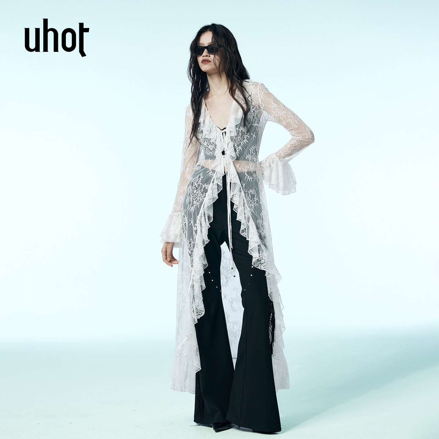uhot/诱货黑/白色蕾丝荷叶边长款罩衫柔美性感优雅新款 UWWA2N208