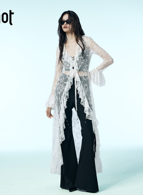 uhot/诱货黑/白色蕾丝荷叶边长款罩衫柔美性感优雅新款 UWWA2N208