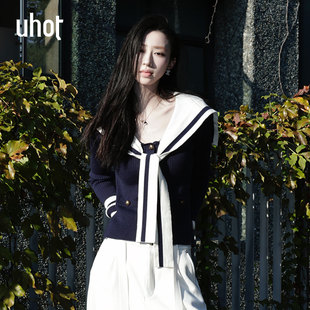 uhot/诱货藏蓝撞色海军风条纹针织衫女士上衣收腰显瘦 UWWW3Z738M