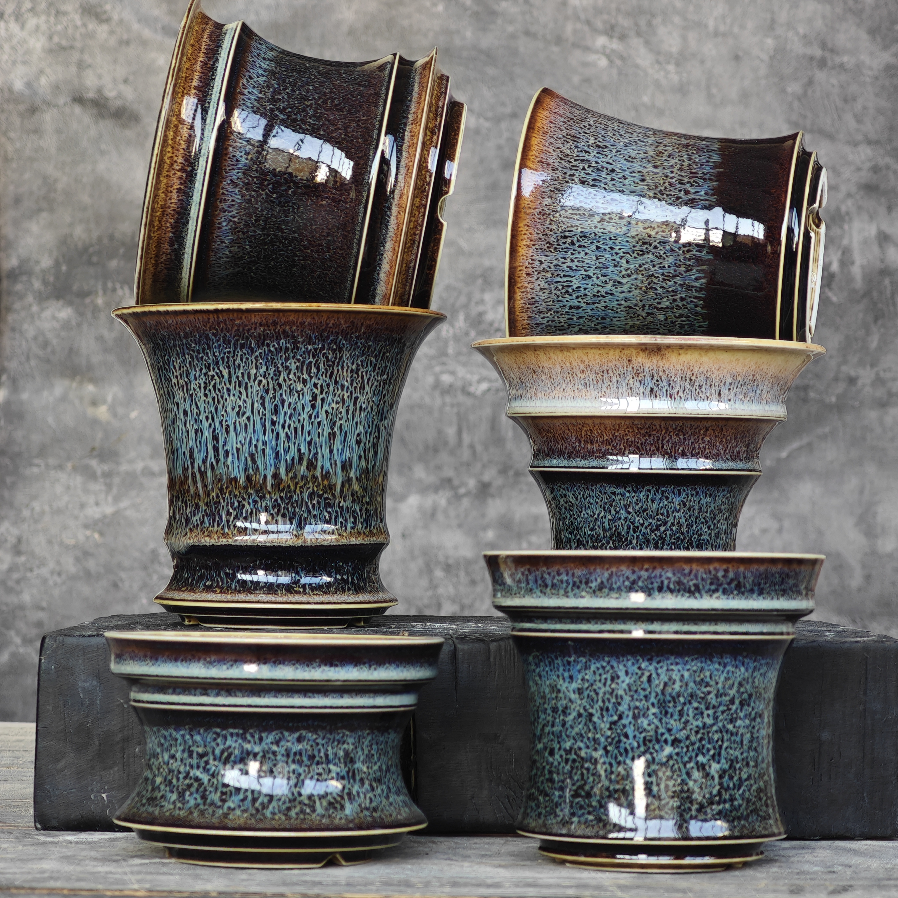 中小号块根花盆景德镇陶瓷蓝花盆多肉龙舌兰植物全手工透气花盆