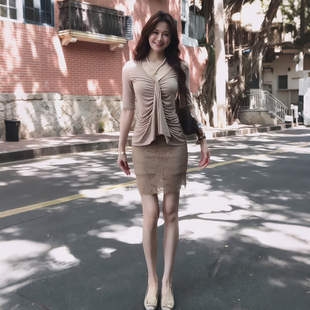 时尚 女夏季 法式 套装 显瘦V领上衣蕾丝短裙两件套 2025新款 百搭修身
