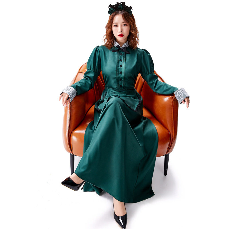 万圣节服装墨绿色高领蕾丝气质女仆女佣长裙 cosplay服送蝙蝠头饰