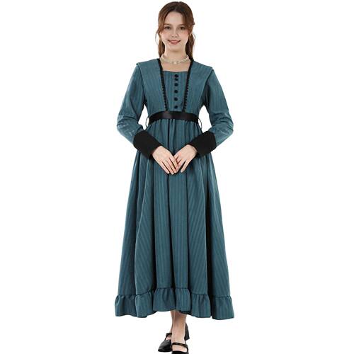 中世纪服装女式长款文艺复兴时期连衣裙蓝色维多利亚时代连衣裙女