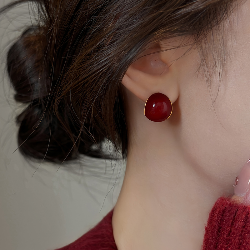 伊灿简约半圆红色滴釉耳钉女纯银