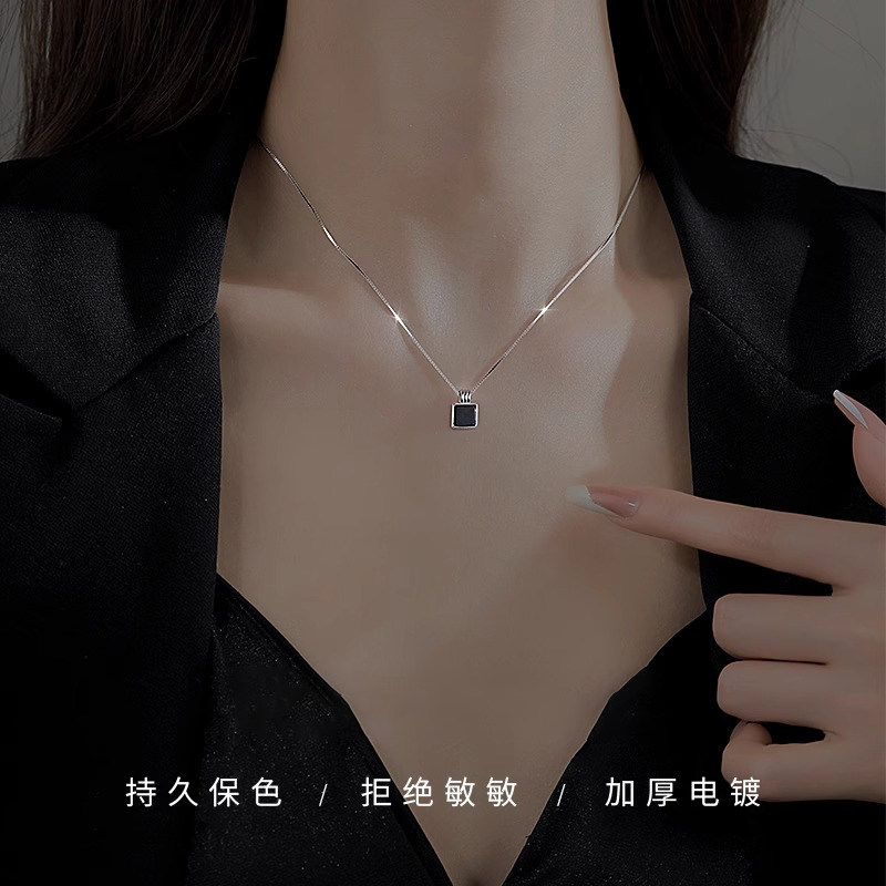 伊灿韩国黑色方块项链女小众设计
