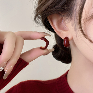 新年酒红色滴釉纯银针耳钉女2026新款爆款高级感耳环气质复古耳饰