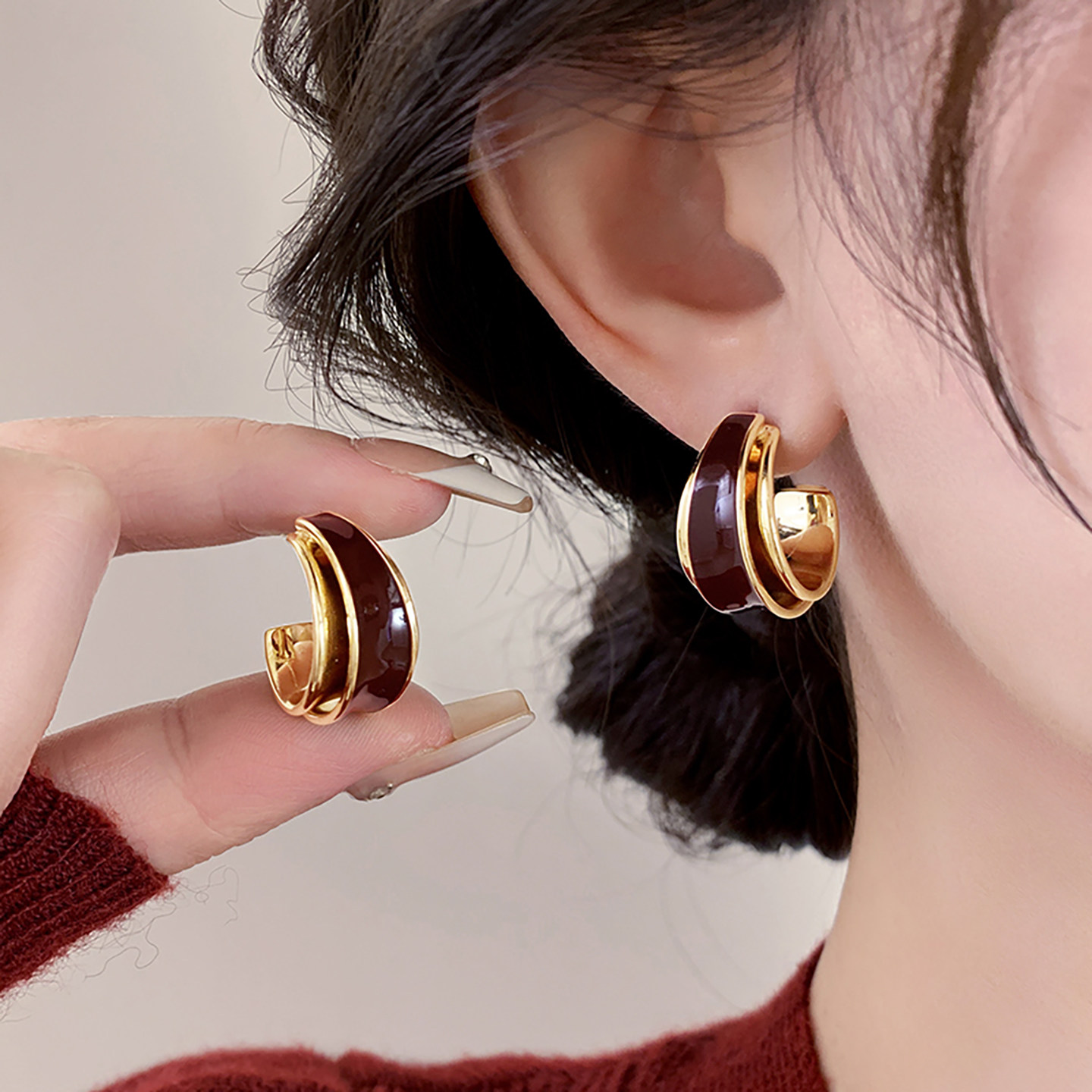 复古滴釉双层C型耳环女纯银高级感轻奢耳钉2025新款爆款百搭耳饰,饰品/流行首饰/时尚饰品新,耳钉,淘宝优惠券,粉丝福利购,淘宝优惠卷