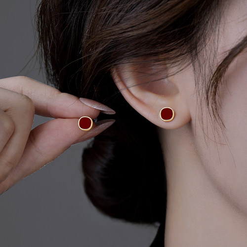 伊灿S999纯银针养耳洞红色耳钉女