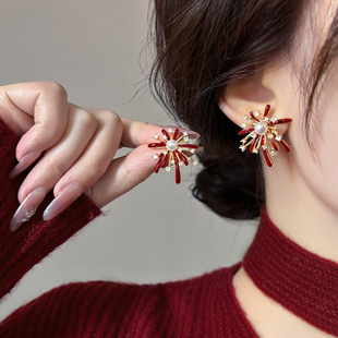 酒红色水钻珍珠烟花耳钉女2026新款爆款轻奢高级感耳饰纯银针耳环
