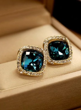 蓝色水晶方形耳钉女纯银小众设计感高级耳饰2025年新款爆款耳环