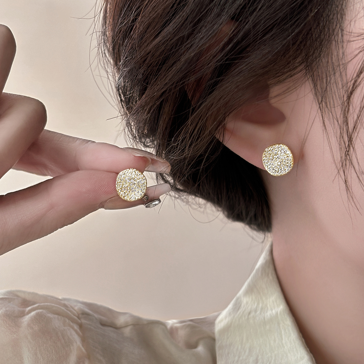 复古港风质感圆盘耳钉女纯银小众设计感耳环2025新款爆款高级耳饰