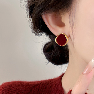 S925纯银针红色植绒耳钉女2025款爆款百搭耳环小众设计高级感耳饰