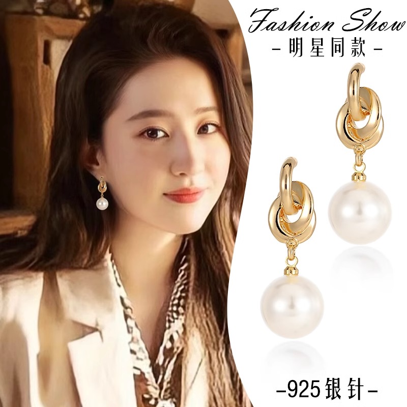 伊灿韩国金色珍珠耳钉女纯银