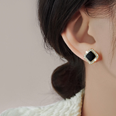 黑色锆石耳钉女纯银珍珠耳环2025年新款 潮小众设计感高级时尚 耳饰