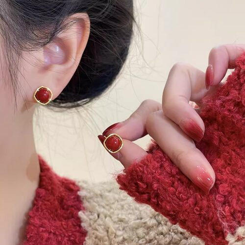 伊灿新年红色珍珠耳钉女纯银针