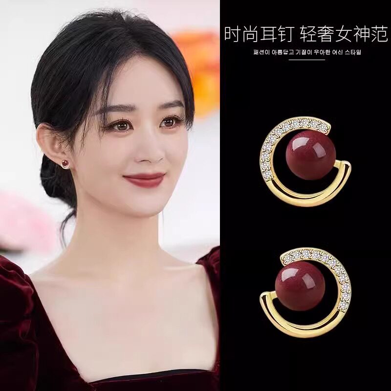复古唯美朱砂耳钉女纯银氛围感气质耳环耳夹2025新款爆款百搭耳饰