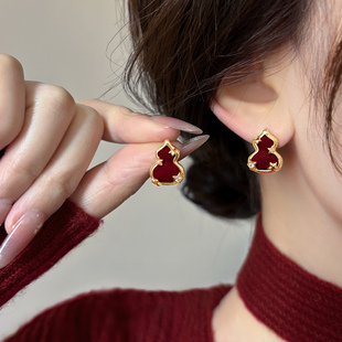 安可拉红色丝绒葫芦轻奢耳钉女2026新款爆款高级感耳环纯银针耳饰