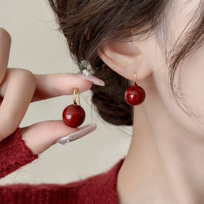 伊灿新年朱砂红色珍珠耳环女纯银