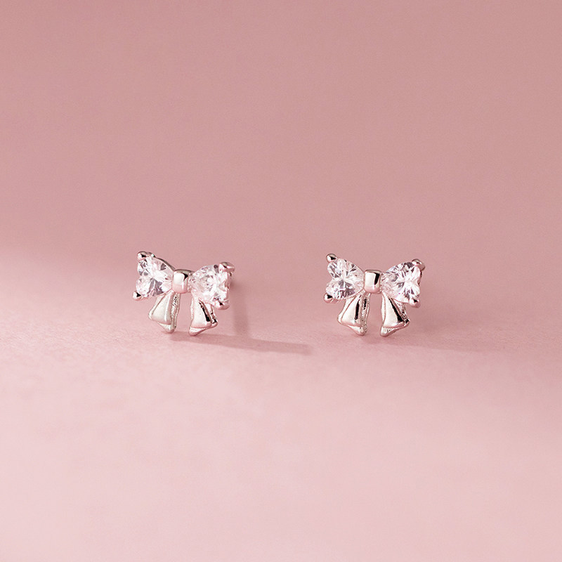 S999纯银针蝴蝶结锆石耳钉轻奢小众设计感养耳洞耳饰2026新款耳环