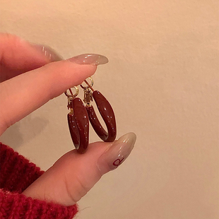 新年酒红色圈圈耳环女2026新款爆款耳钉纯银针耳圈高级感轻奢耳饰