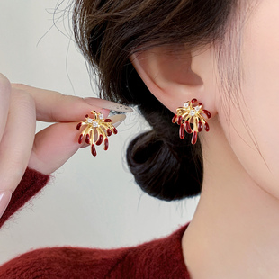 安可拉红色镶钻烟花耳钉女2025新款爆款高级感时尚耳环纯银针耳饰