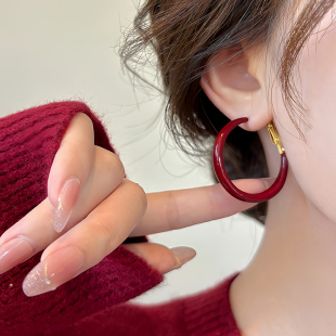 新年喜气红色圈圈耳环女纯银无耳洞耳夹2025新款爆款耳圈耳扣耳饰