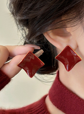 新年酒红色不规则方形耳钉纯银秋冬高级感耳环2025年新款爆款耳饰