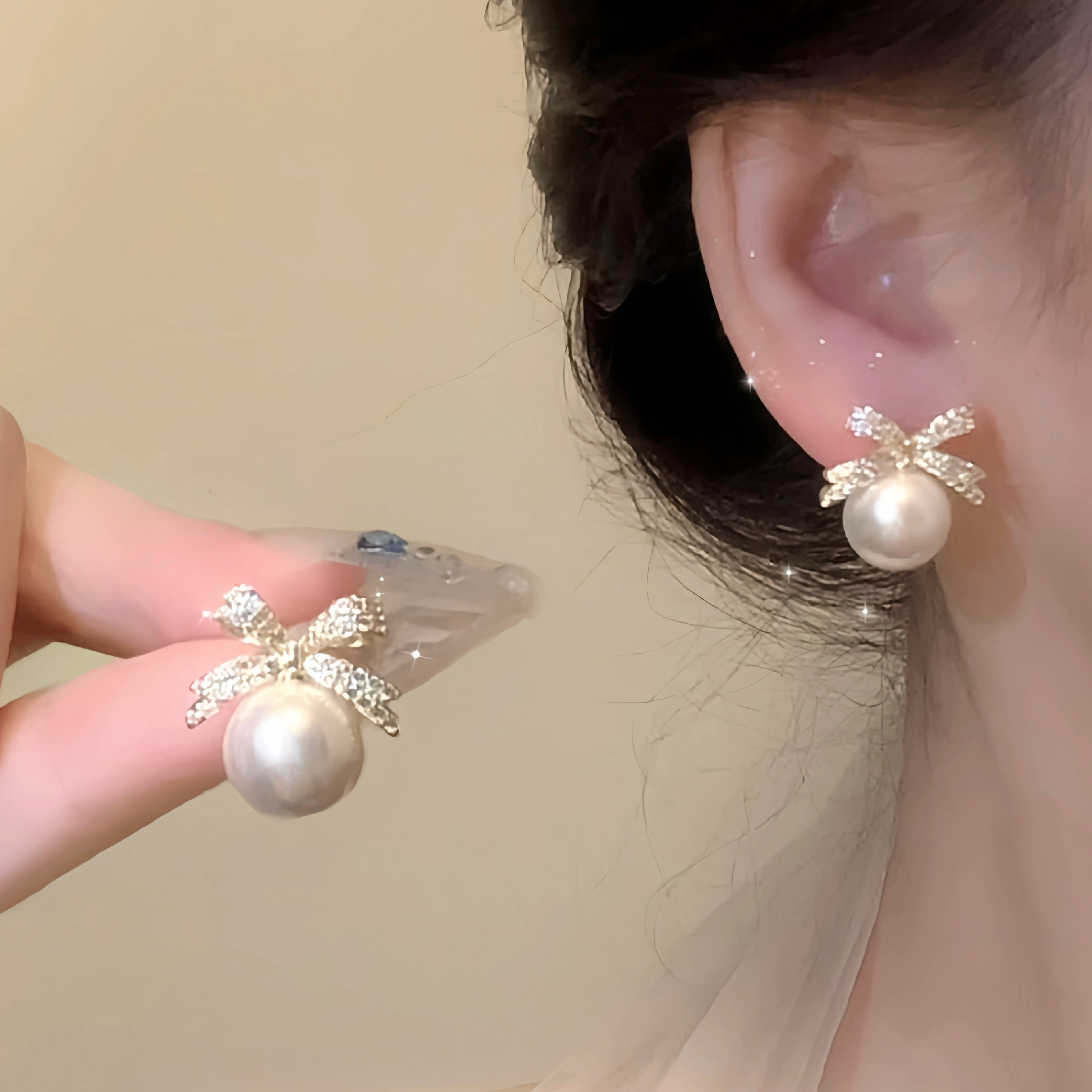 微镶蝴蝶结珍珠耳钉女纯银高级感无耳洞耳夹2025新款爆款耳环耳饰