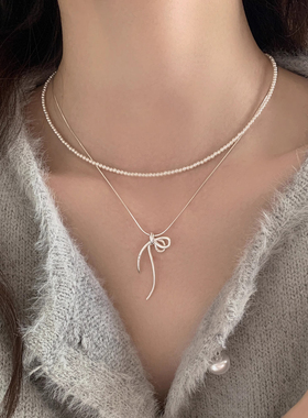 伊灿简约线条蝴蝶结珍珠项链女