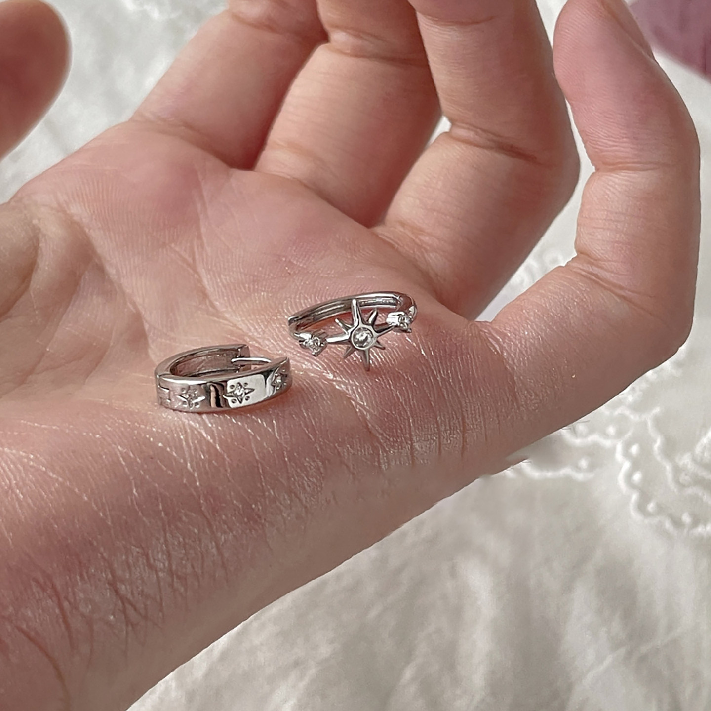 伊灿不对称八芒星银色耳环女