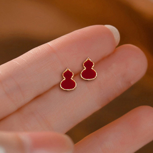 轻奢红色滴釉葫芦耳钉女纯银高级感百搭耳环2025新款爆款小众耳饰
